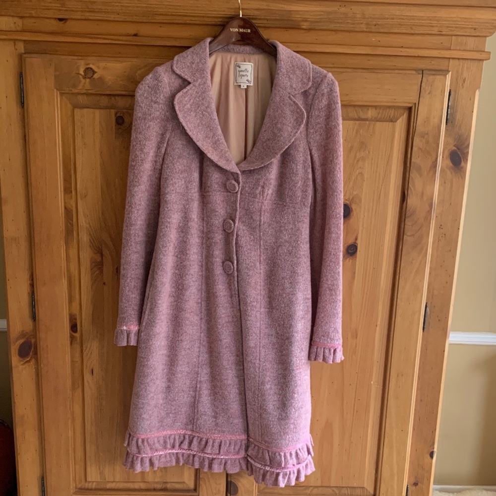 Nanette Lepore Pink Wool Blend Long Sweater Coat with Ruffle Trim, Size M